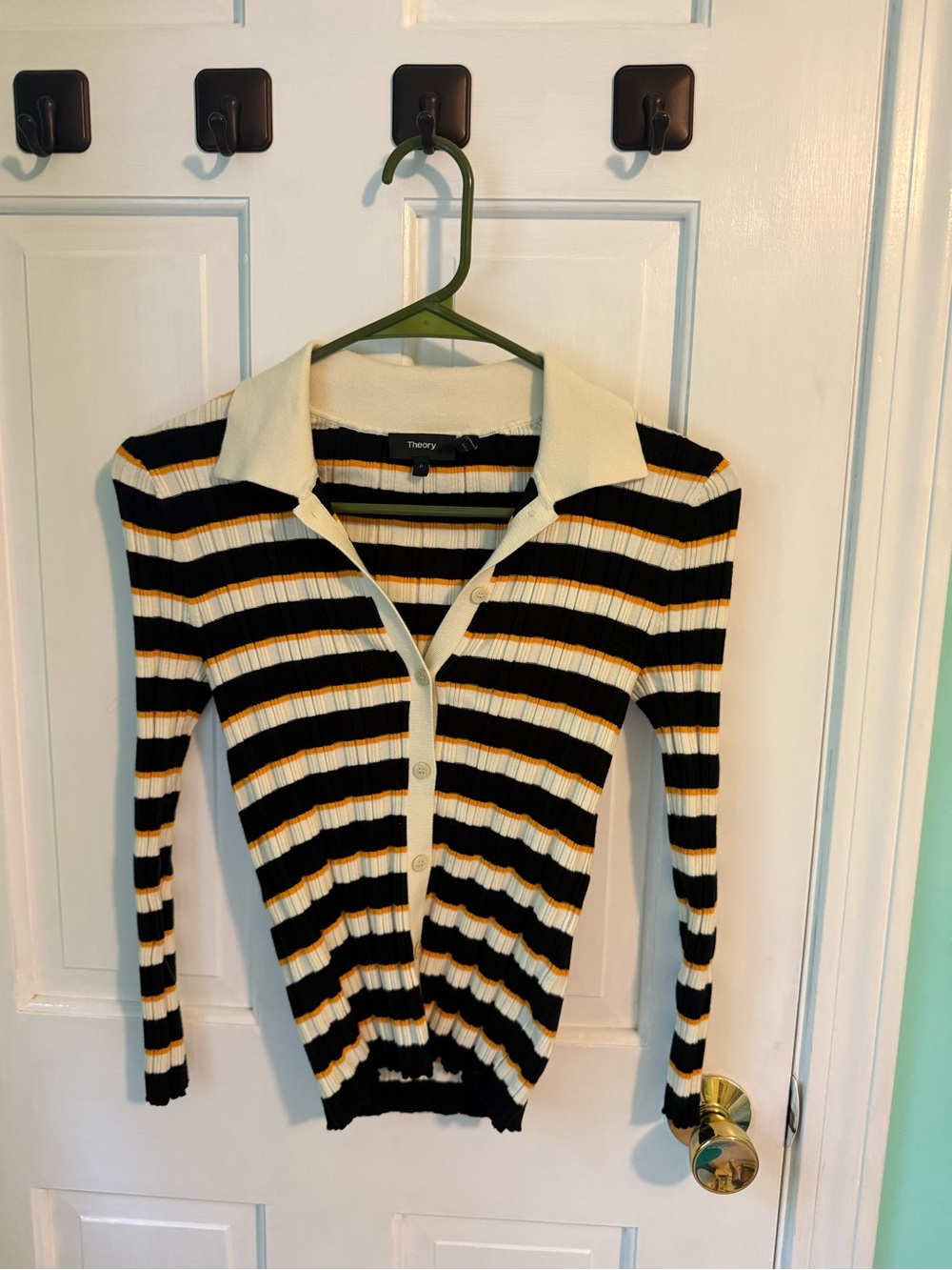 Theory Striped Button-Down Knit Top in Sz P